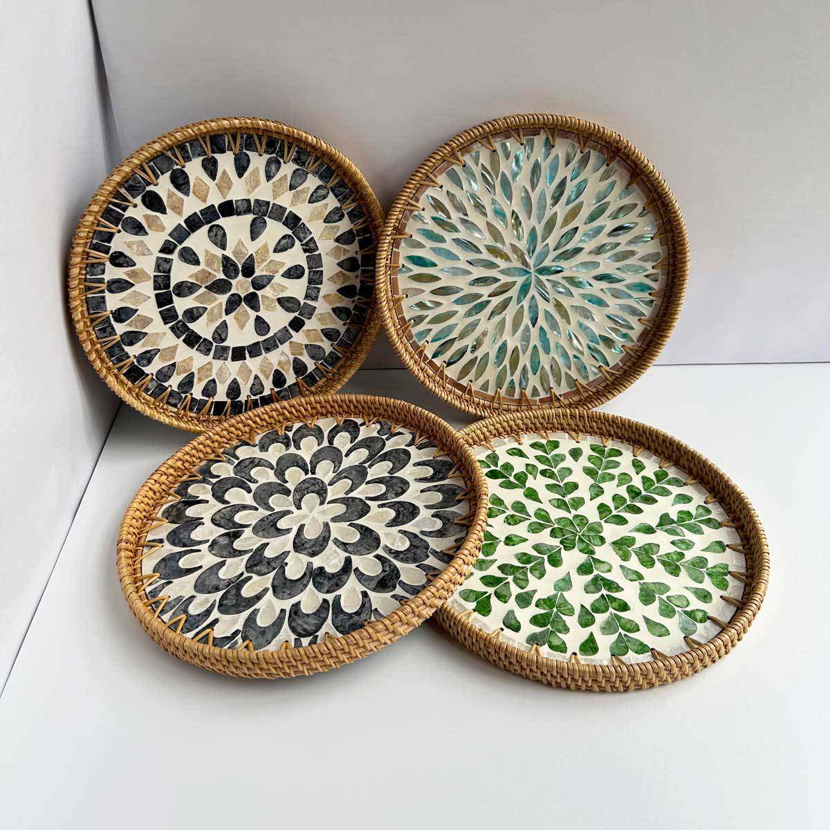 酒店民宿茶水杯子贝壳镶嵌拖盘摆放波西米亚装饰圆形花草树木花纹,餐饮具,餐用托盘,淘宝优惠券,粉丝福利购,淘宝优惠卷