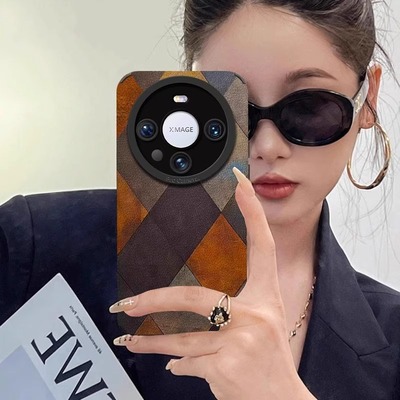复古菱格彩绘适用华为mate70pro手机壳新款mate60棕色翻毛皮保护套pura70pro时尚创意mt50磨砂40e皮质p30防摔
