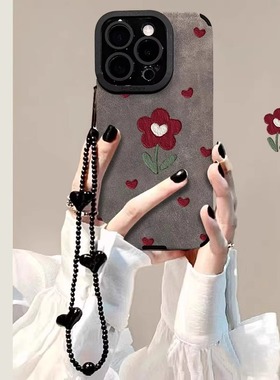 爱心小红花适用苹果16promax手机壳红色翻毛皮iphone17pro网红15pro女款14plus全包防摔13高级感潮12带手链11
