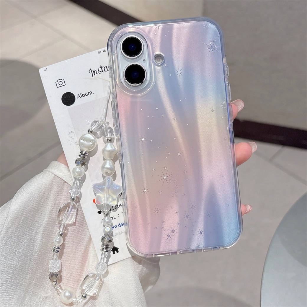 渐变紫色镭射星星适用苹果16promax手机壳iphone15小清新14plus带手链新女款高级感13pm全包12防摔11创意16外