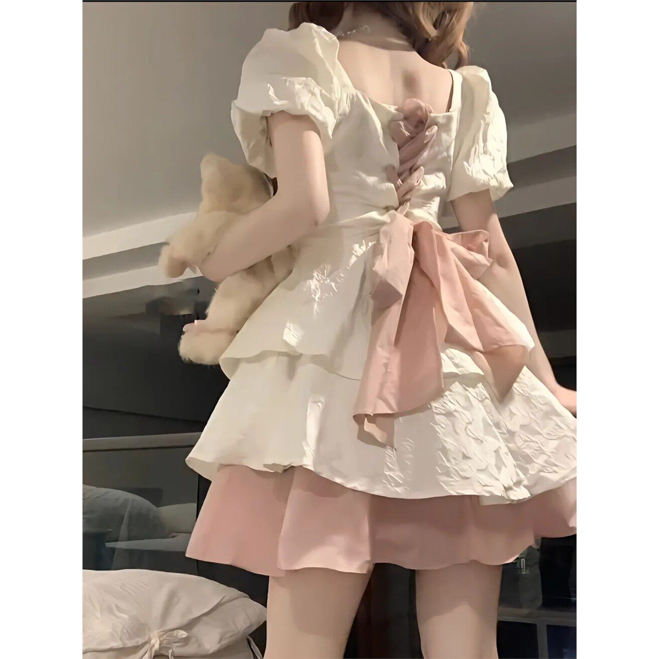 【原版品质】新款韩版时尚收腰显瘦短袖系带蝴蝶结蓬蓬连衣裙女短