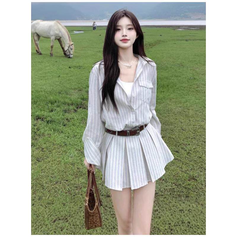 长袖条纹衬衫连衣裙子女