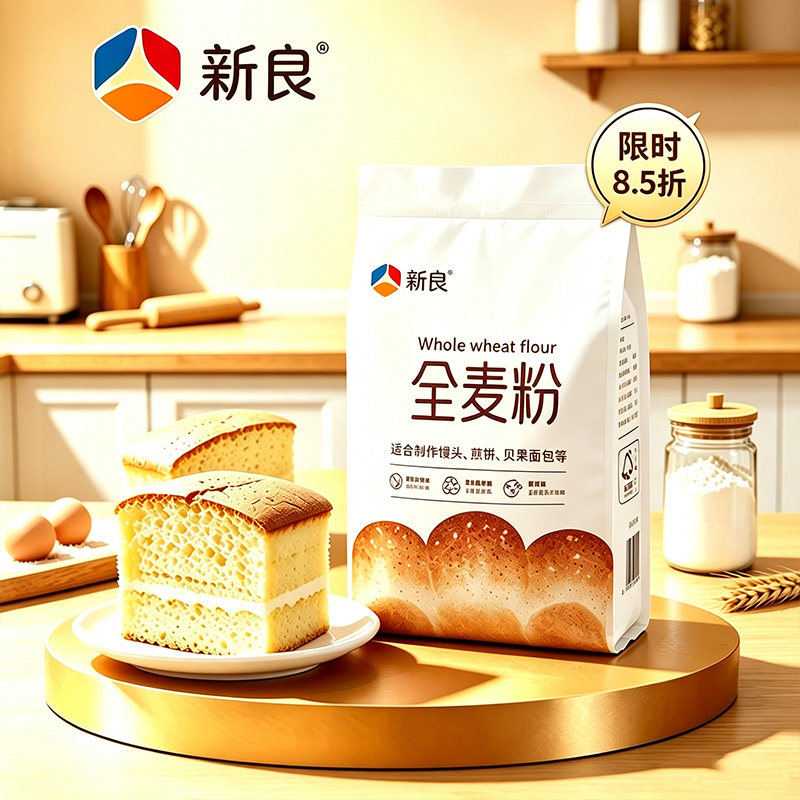 新良纯享全麦粉500g全麦面粉含麦麸家用烘焙粗粮馒头面条面包专用