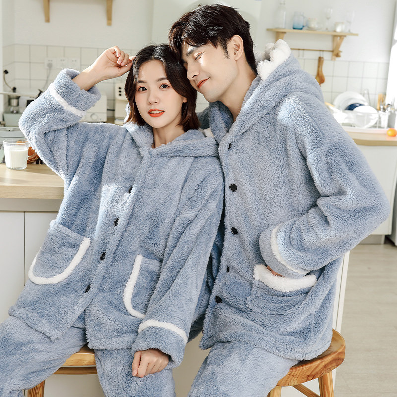 情侣睡衣女冬珊瑚绒加厚保暖可爱卡通男士家居服秋冬款法兰绒套装