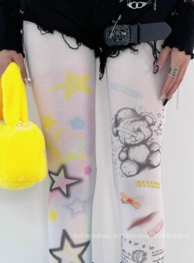 BON 自制美式涂鸦破碎小熊白色印花连裤袜彩色五角星漫展少女袜子