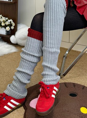BON 复古安哥拉红边拼灰色长筒袜套护腿过膝堆堆袜冬天穿保暖腿套