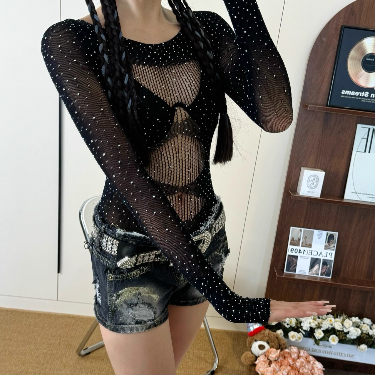 千禧辣妹网眼烫钻kpop女团打歌服