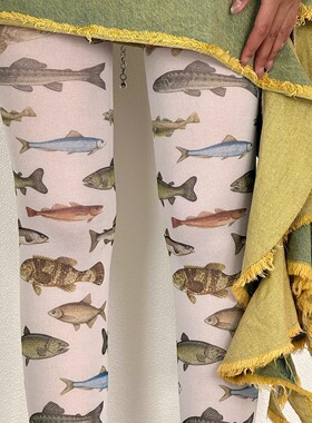 BON 自然海洋彩色热带鱼印花打底袜高级白色丝袜个性y2k辣妹穿搭