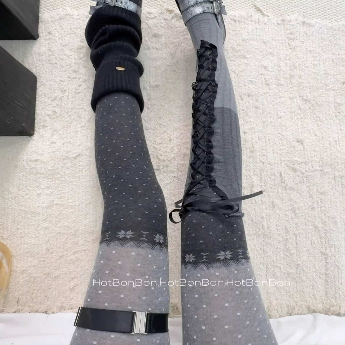 雪花撞色灰色波点连裤袜叠穿袜子