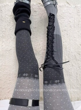 BON 自制雪花撞色灰色波点连裤袜绑带中筒袜圣诞氛围感叠穿袜子