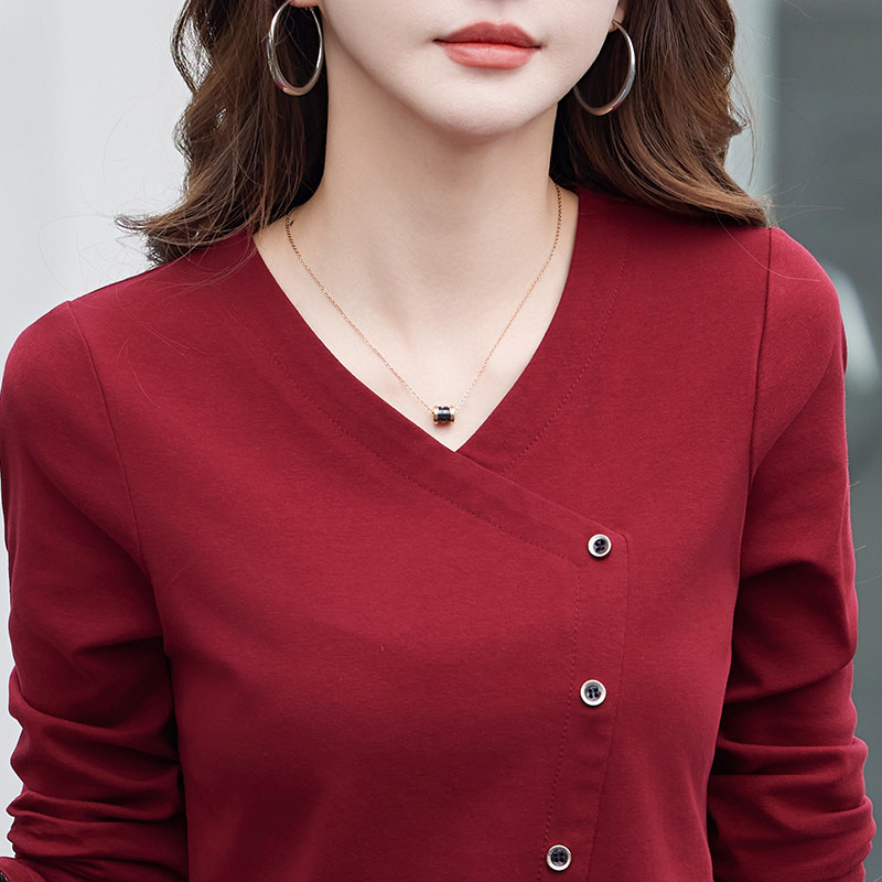 纯色v领长袖t恤衫女春秋新款纯棉百搭洋气打底衫休闲褶皱体恤上衣