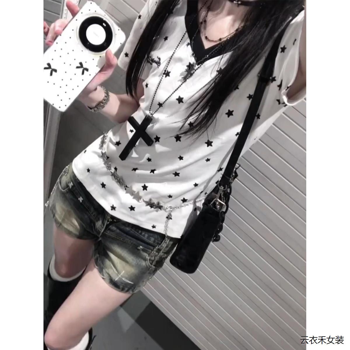 星满印正V短恤女季拼接修