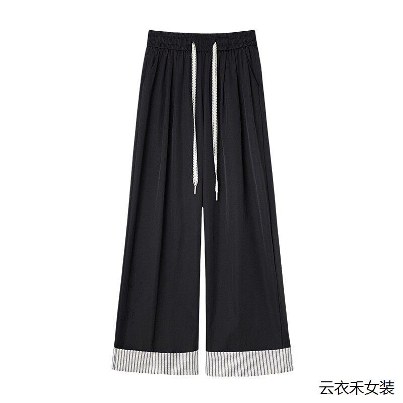 冰丝阔腿裤女夏季薄款小个子显瘦宽松垂感直筒卷边条纹九分休闲裤