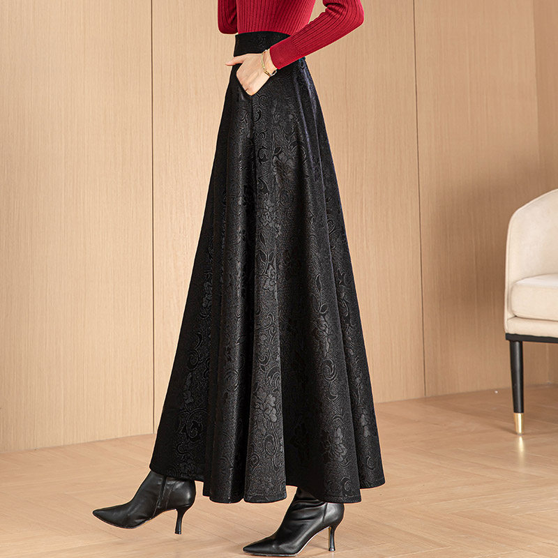 秋冬新款黑色提花大摆半身裙女气质高腰A字裙显瘦大码跳舞长裙子,女装/女士精品,大码半身裙,淘宝优惠券,粉丝福利购,淘宝优惠卷