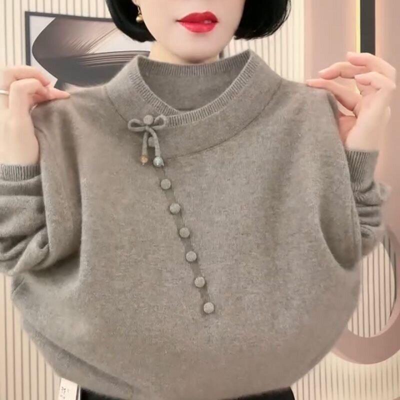 【80-230斤】洋气高档胖人穿大码女蝴蝶结盘扣立领春秋季款针织衫