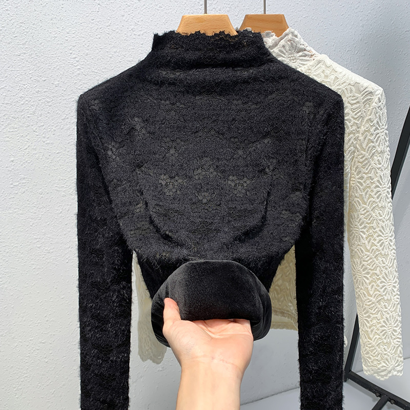 黑色蕾丝加绒打底衫女秋冬