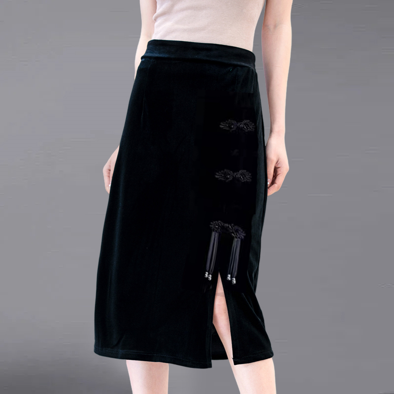 新中式半身裙2026新款女秋款盘扣开叉中长款直筒丝绒裙子妈妈大码,女装/女士精品,大码半身裙,淘宝优惠券,粉丝福利购,淘宝优惠卷
