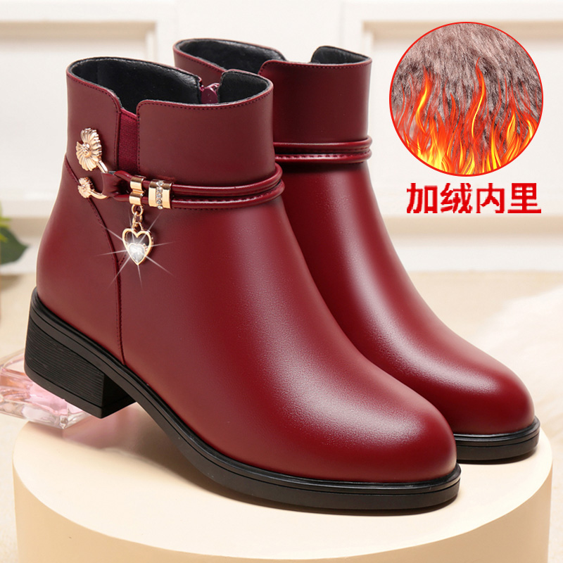 妈妈鞋棉鞋真皮软底秋冬季加绒