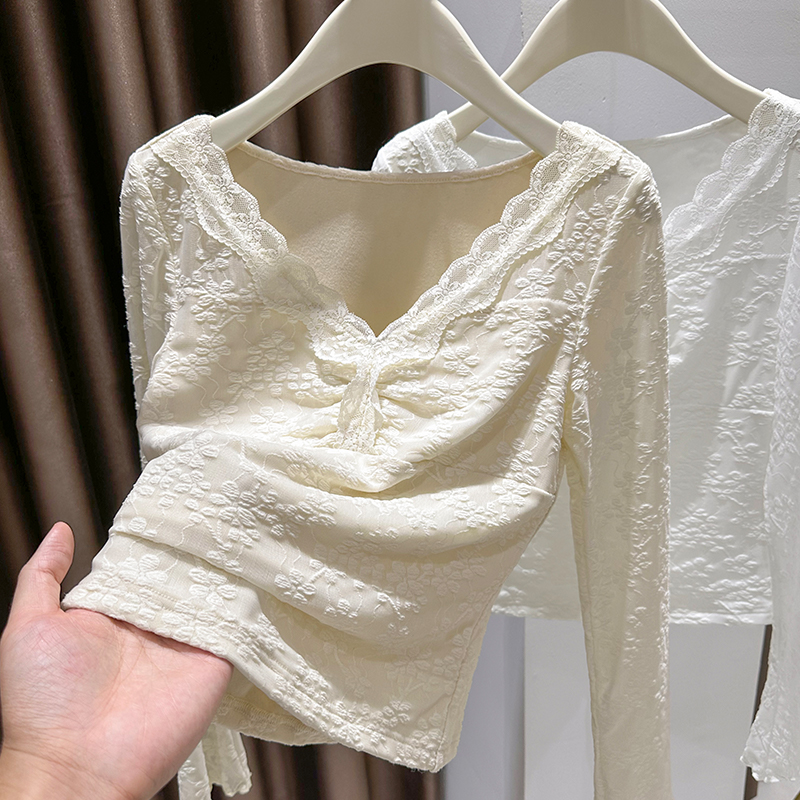 加绒加厚蕾丝打底衫女洋气内搭