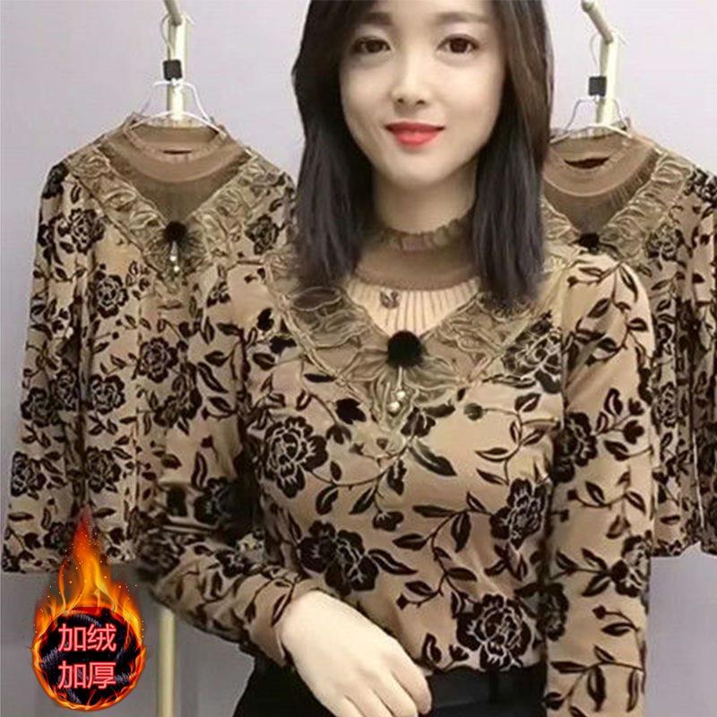 秋季加绒加厚蕾丝保暖内衣打底衫女大码妈妈装百搭半高领长袖上衣