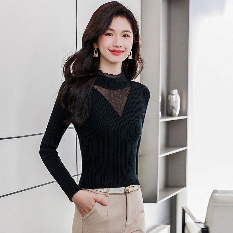 时尚小个子短款上衣女秋冬黑色半高领打底衫修身显瘦荷叶边针织衫