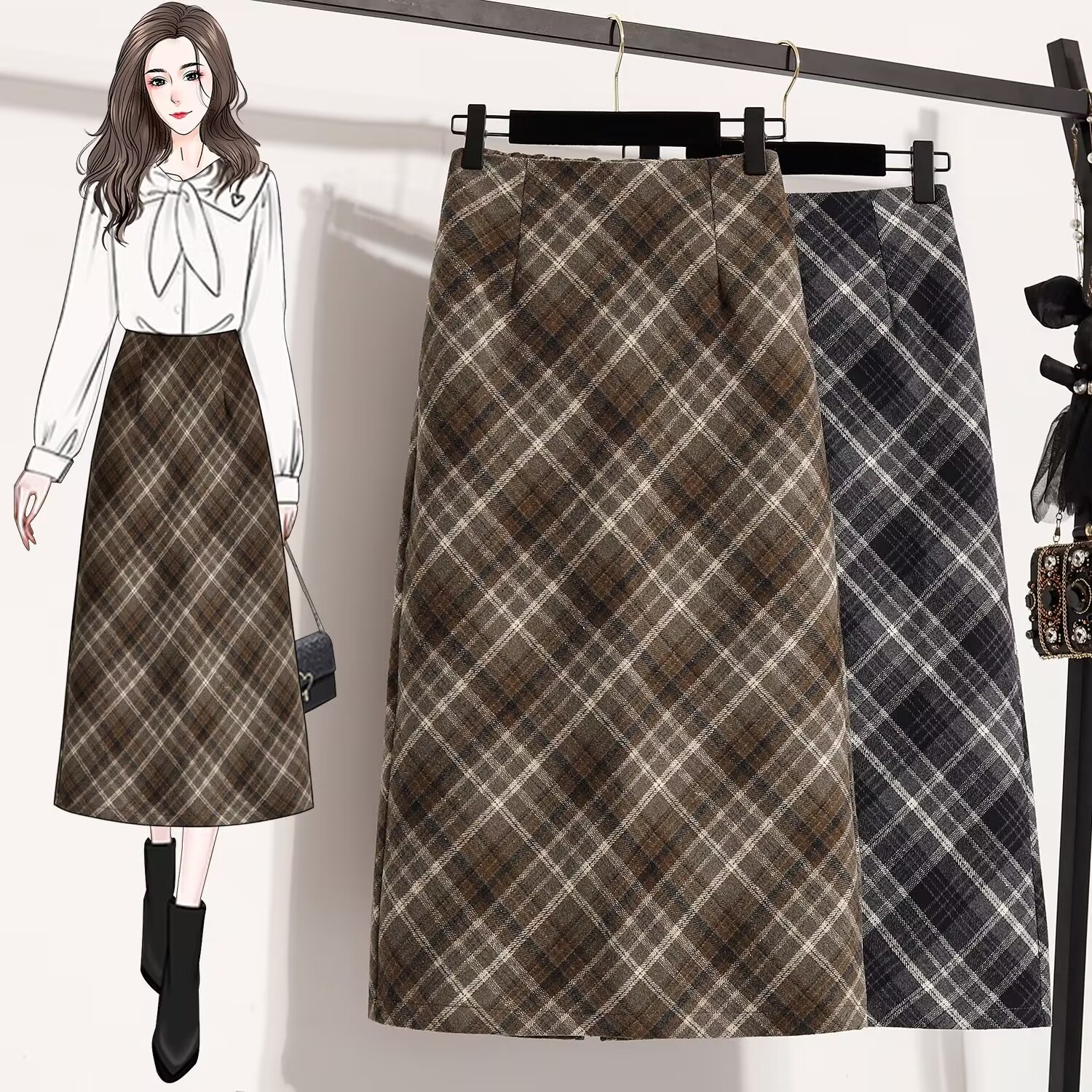 半松紧高腰开叉格子裙中长款2025