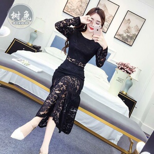新款名媛气质蕾丝连衣裙女2023春秋装新款性感a字修身大码长裙子