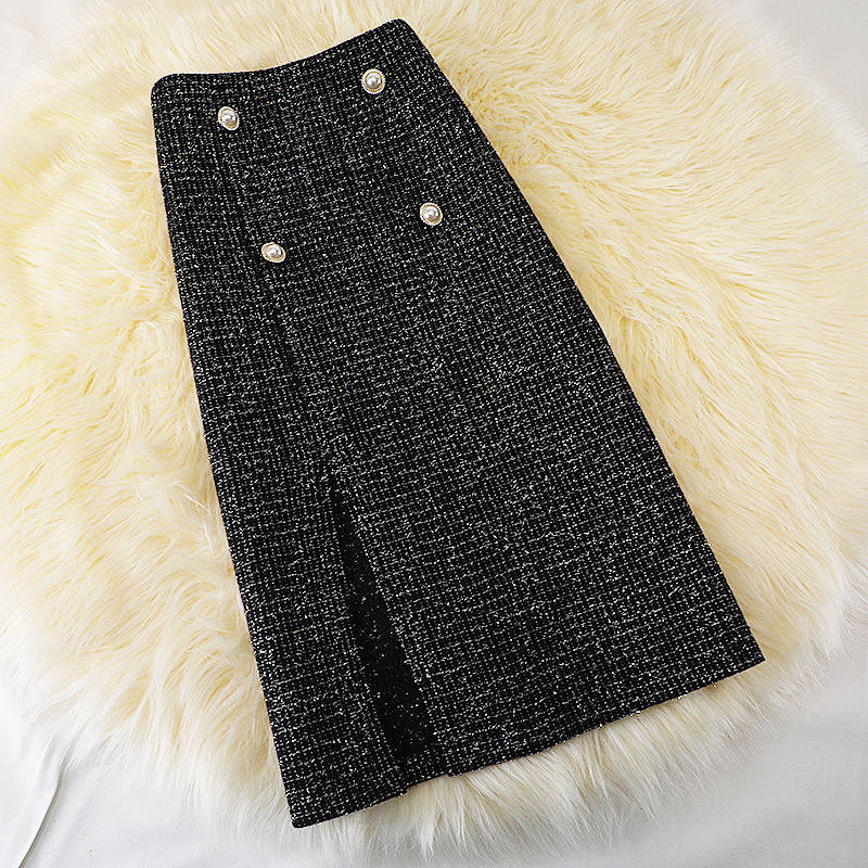 中长排扣毛呢半身裙女2026秋冬款亮丝a字显瘦遮跨开叉一步包臀裙,女装/女士精品,大码半身裙,淘宝优惠券,粉丝福利购,淘宝优惠卷