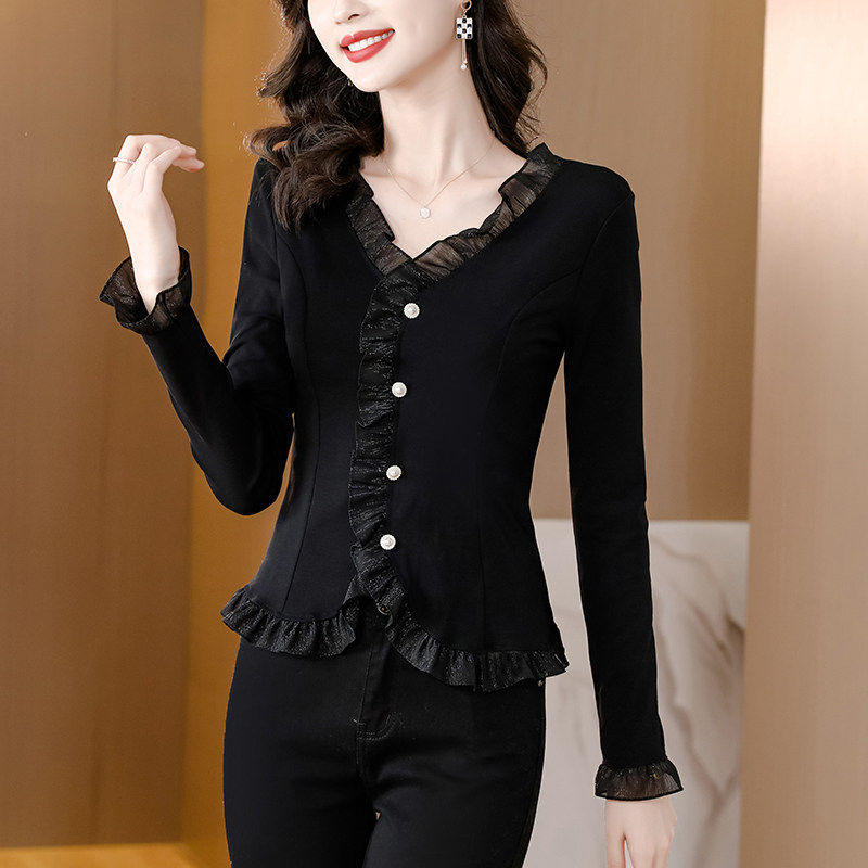 2026春季新款黑色长袖打底衫女士时尚洋气T恤气质荷叶边上衣羊绒