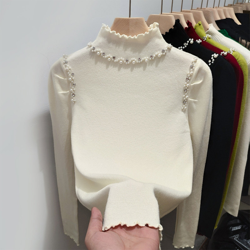 木耳边珍珠半高领设计感打底衫女2025秋冬宽松内搭上衣米白色毛衣,女装/女士精品,羊绒衫,淘宝优惠券,粉丝福利购,淘宝优惠卷