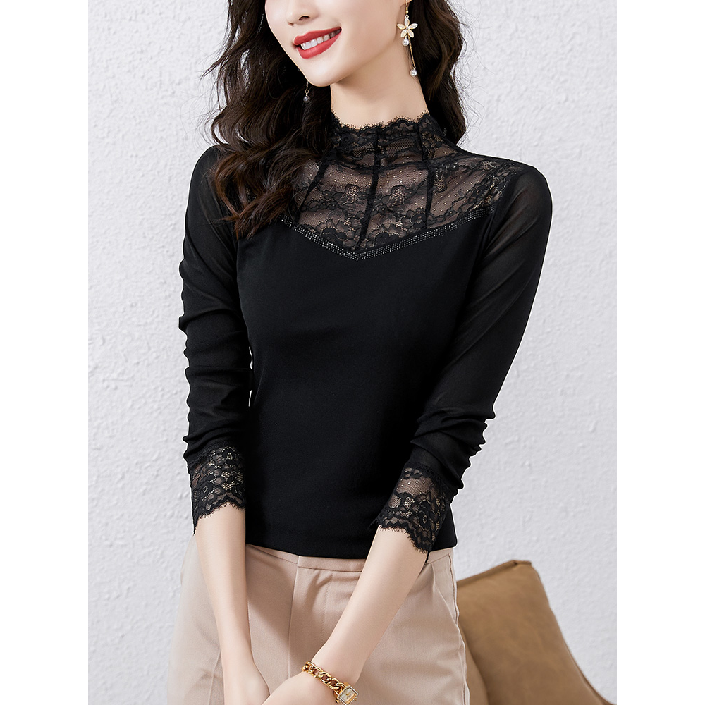 时尚黑色蕾丝网纱打底衫女