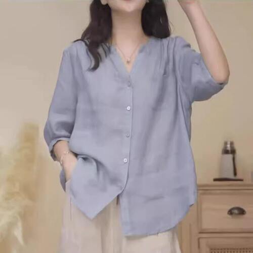 纯色V领苧麻衬衫上衣夏季