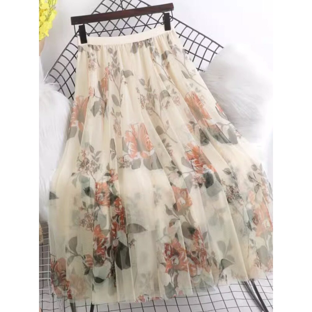 复古风高级感网纱印花半身裙新款大摆跳舞裙气质百搭长款四季可穿