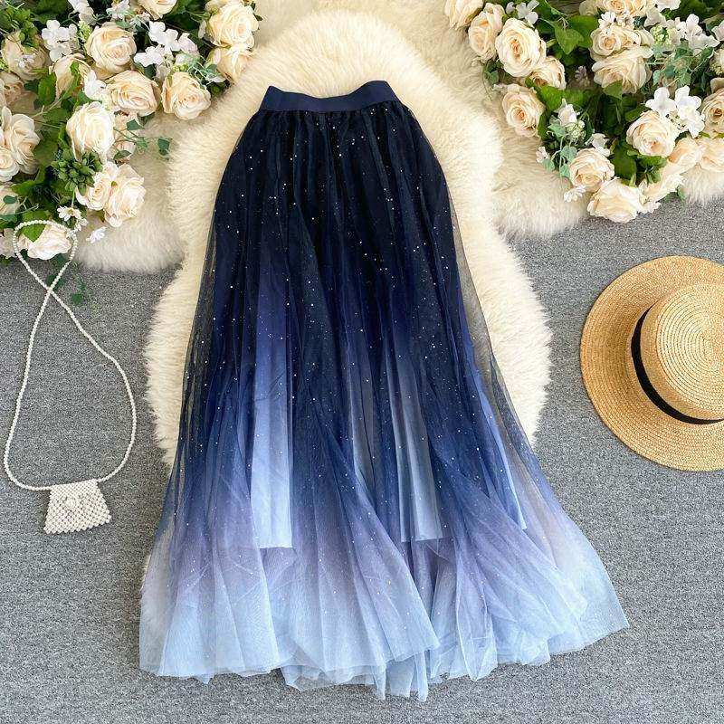 星空渐变色网纱半身裙女春秋冬新款时尚高腰a字百褶裙亮片纱裙子,女装/女士精品,大码半身裙,淘宝优惠券,粉丝福利购,淘宝优惠卷