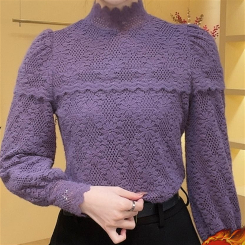 半高领蕾丝打底衫女春秋冬加绒