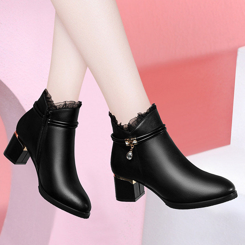 真皮女粗跟马丁靴女士单靴2025年加绒秋冬皮鞋百搭高跟鞋妈妈短靴,女鞋,棉鞋,淘宝优惠券,粉丝福利购,淘宝优惠卷