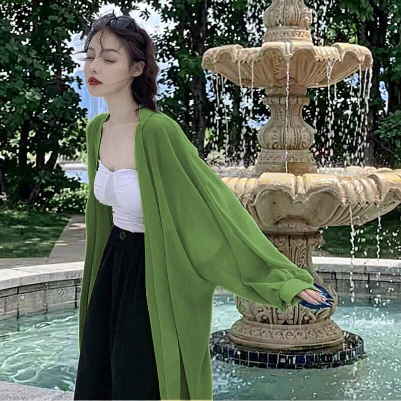 牛油果绿雪纺防晒衣女夏薄款中长款开衫外套冰丝外搭海边防晒罩衫