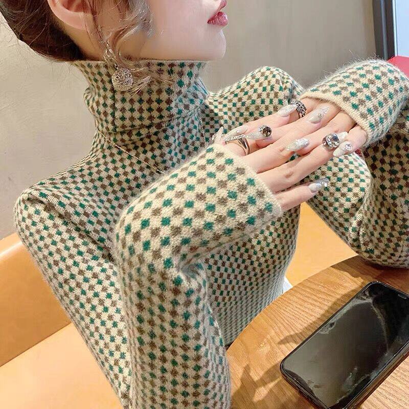 千鸟格高领毛衣女秋冬季新款针织打底衫百搭套头上衣加厚长袖内搭