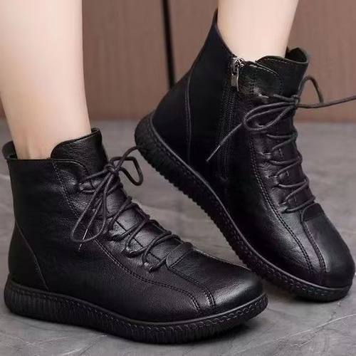 保暖加绒平底防滑皮鞋女冬季高帮