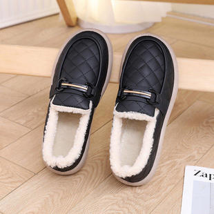 加绒保暖一脚蹬pu皮棉鞋中老年防滑软底休闲妈妈雪地鞋女棉鞋冬季