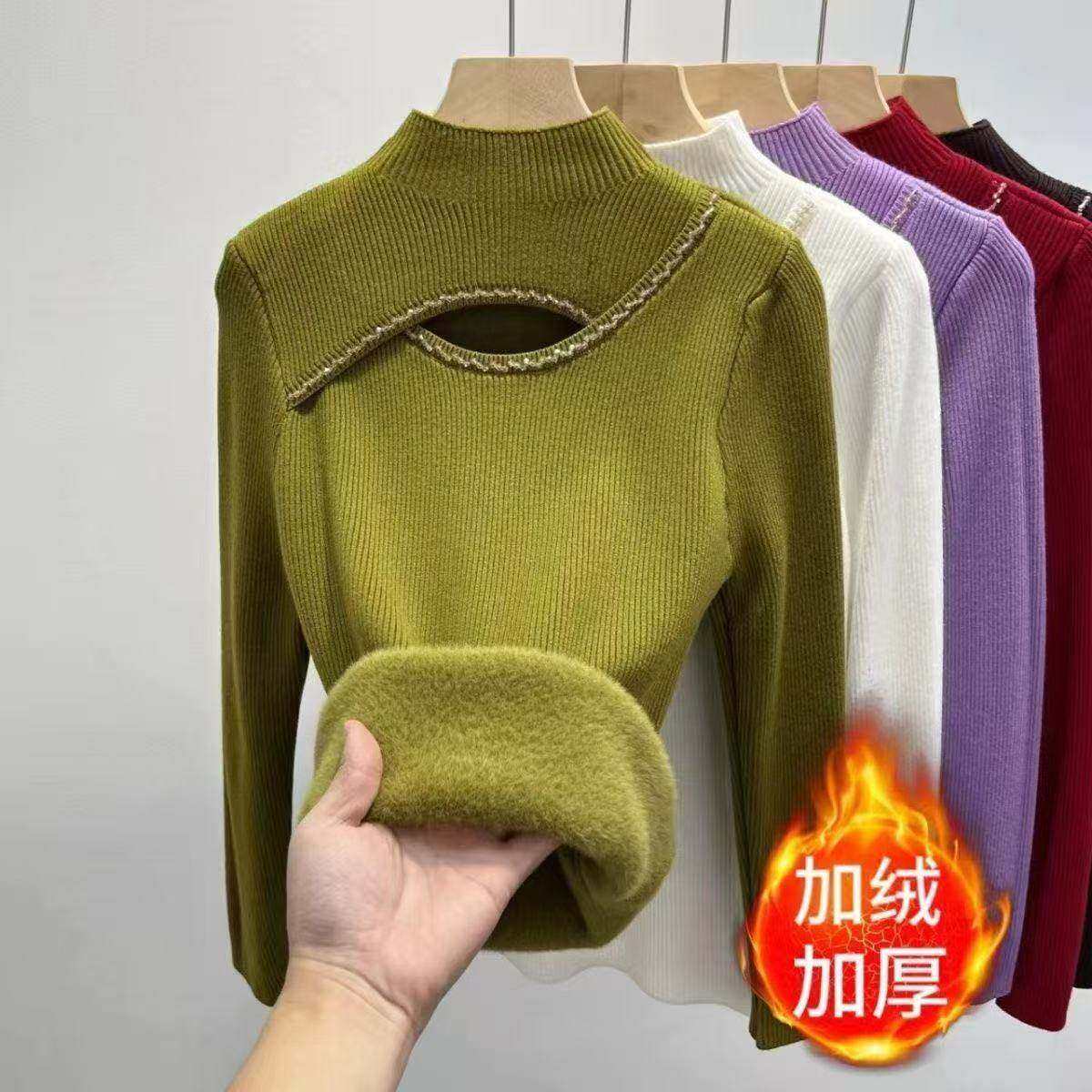 加厚设计感洋气内搭衫保暖毛衣女一体绒镶钻半高领修身打底秋冬季,女装/女士精品,大码内搭,淘宝优惠券,粉丝福利购,淘宝优惠卷