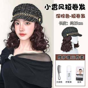中老年妈妈款短卷发盆帽带假发帽子新款女士时尚减龄秋冬帽鸭舌帽