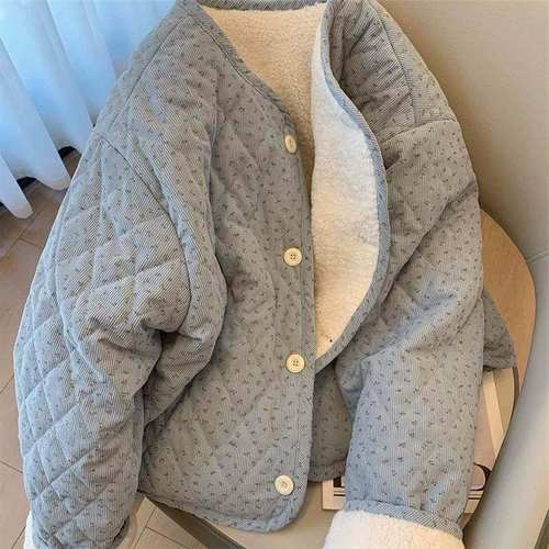 灯芯绒韩版chic减龄圆领碎花棉服