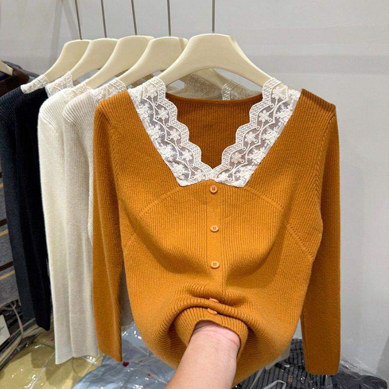 秋冬内搭蕾丝拼接v领毛衣针织打底衫女2026新款温柔风别致打底衫,女装/女士精品,大码内搭,淘宝优惠券,粉丝福利购,淘宝优惠卷