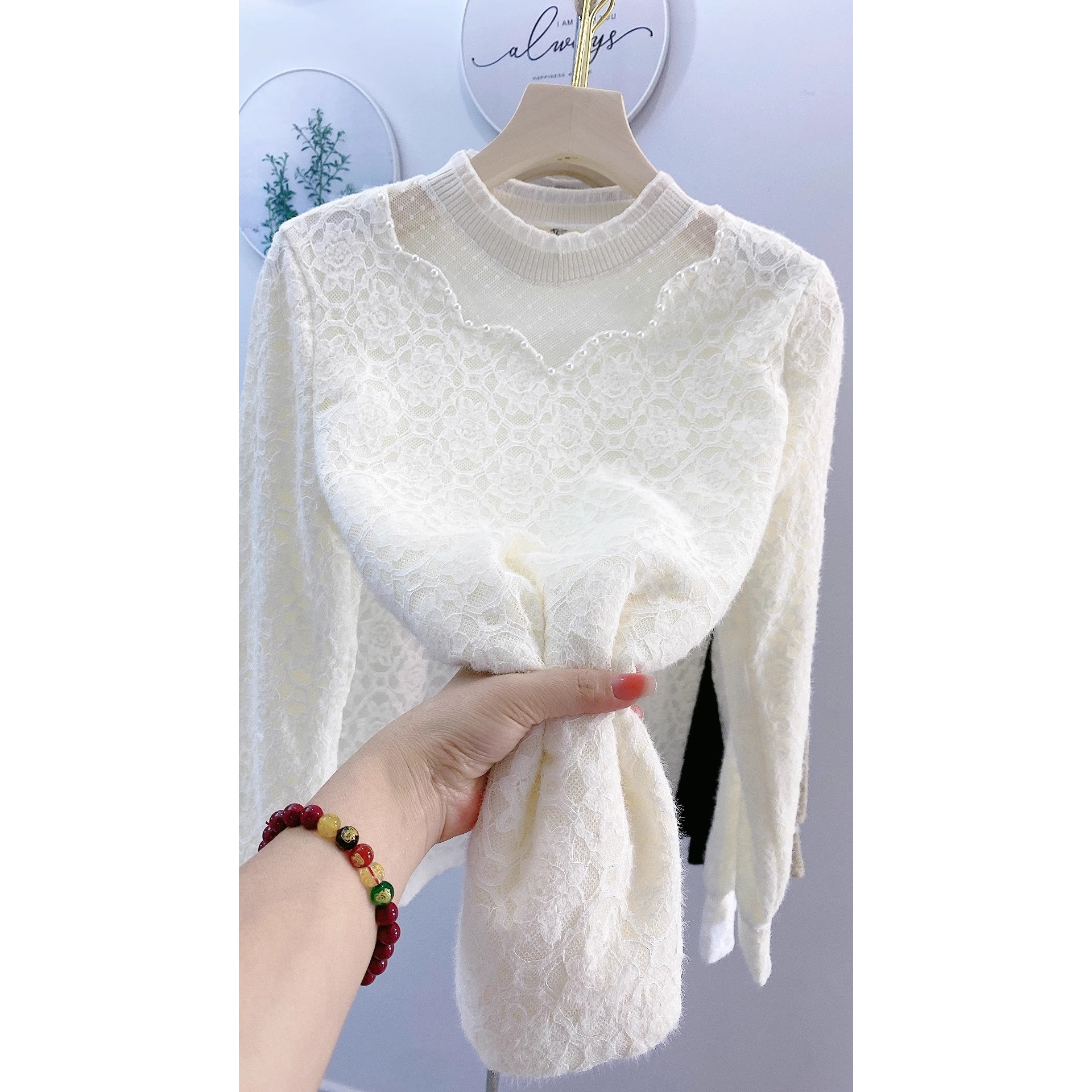 冬立领木耳边蕾丝加绒打底衫女士