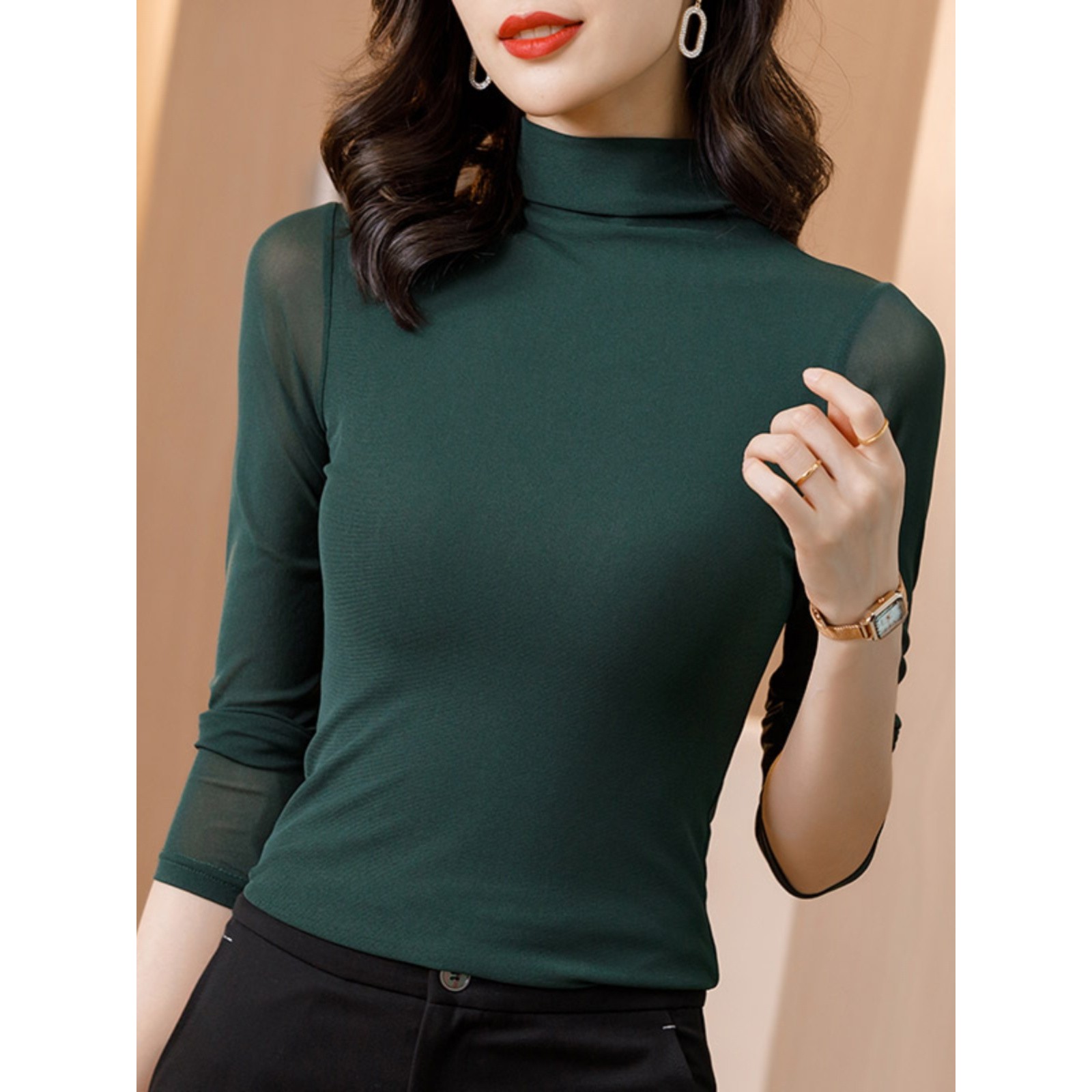 半高领蕾丝纱网底打底衫2025年