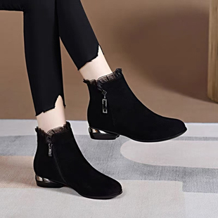 真皮磨砂短靴2025秋冬季 圆头粗跟水钻裸靴休闲羊反绒软皮靴子 新款