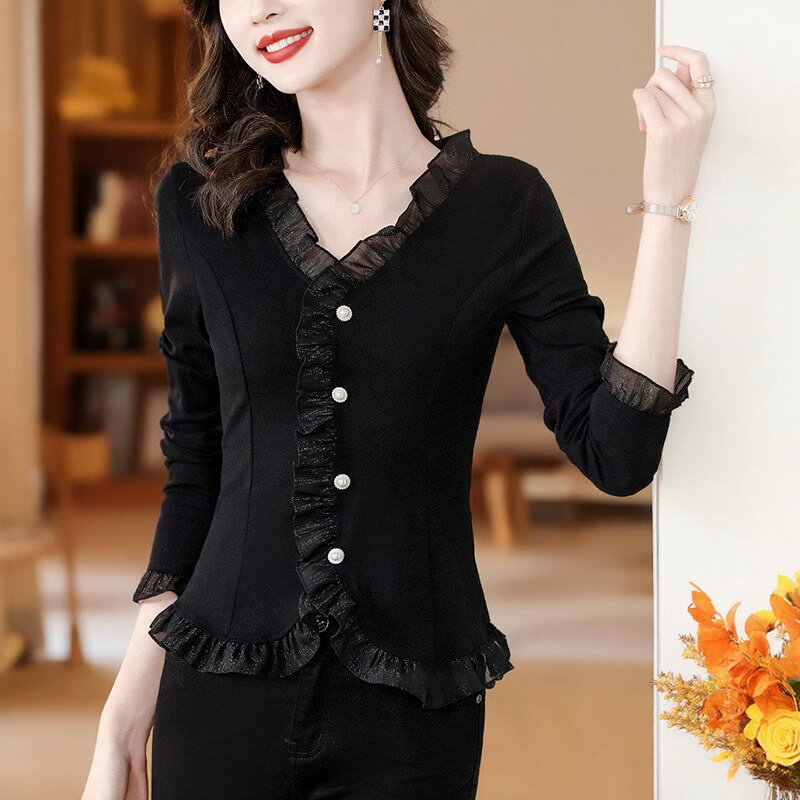 黑色长袖打底衫女士2026春季新款时尚洋气大码T恤气质荷叶边上衣