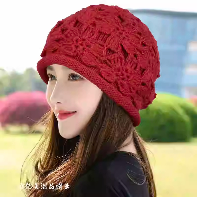 针织包头帽堆堆帽手工钩花毛线帽