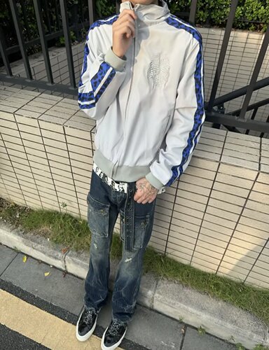 缎面蓝色条纹短款外套秋季早秋拼接vibe立领夹克朋克视觉系上衣